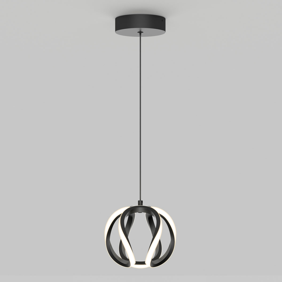 A modern pendant light with a black circular base, a thin black cord, and a spherical fixture featuring curved black bands intertwined with glowing white LED strips, suspended against a plain light gray background.