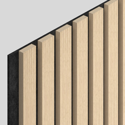Angled view of an Artika Sonofold sound-absorbing wall panel kit (pack of 2) featuring vertical light wood slats with dark gaps, set against a light grey background.