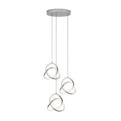 The Artika Zephyr 3-light LED pendant features three hanging LEDs encircled by intertwined silver rings and a round ceiling mount. This dimmable chandelier provides sleek, contemporary lighting for any space.