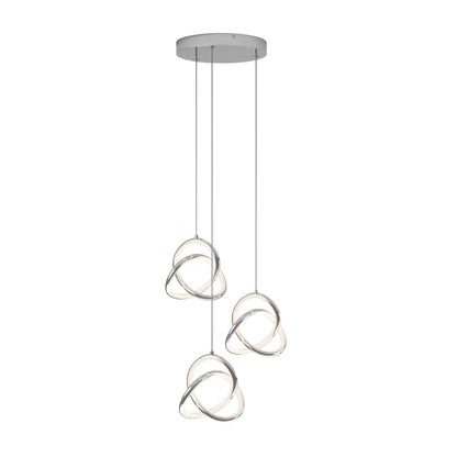 The Artika Zephyr 3-light LED pendant features three sculptural, intertwined metallic rings suspended at varying heights from a round ceiling mount, emitting a soft white glow.