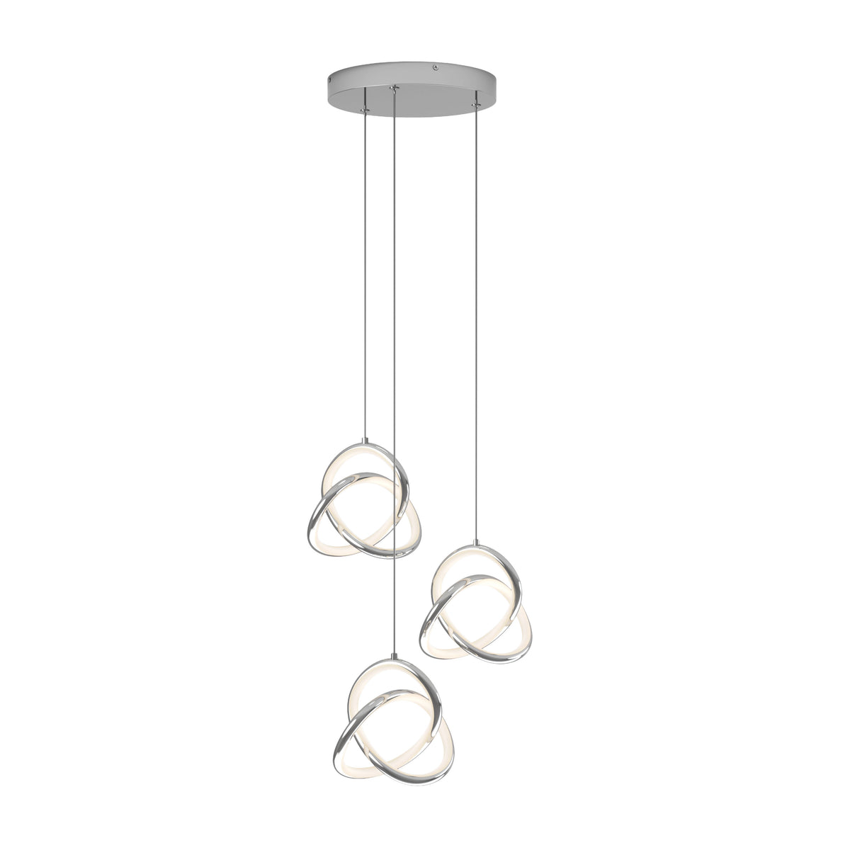 Modern pendant light fixture with three intertwined, silver metal loops, each forming a globe shape. The lights hang from a round ceiling mount at different lengths, creating a contemporary, artistic design.