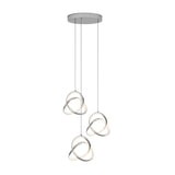 Modern pendant light fixture with three intertwined, silver metal loops, each forming a globe shape. The lights hang from a round ceiling mount at different lengths, creating a contemporary, artistic design.