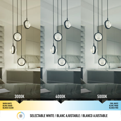 A dining room features the Artika Avalon 4-light LED pendant above a table, shown under warm white (3000K), neutral white (4000K), and cool white (5000K) lighting to illustrate how color temperature affects the space’s look.