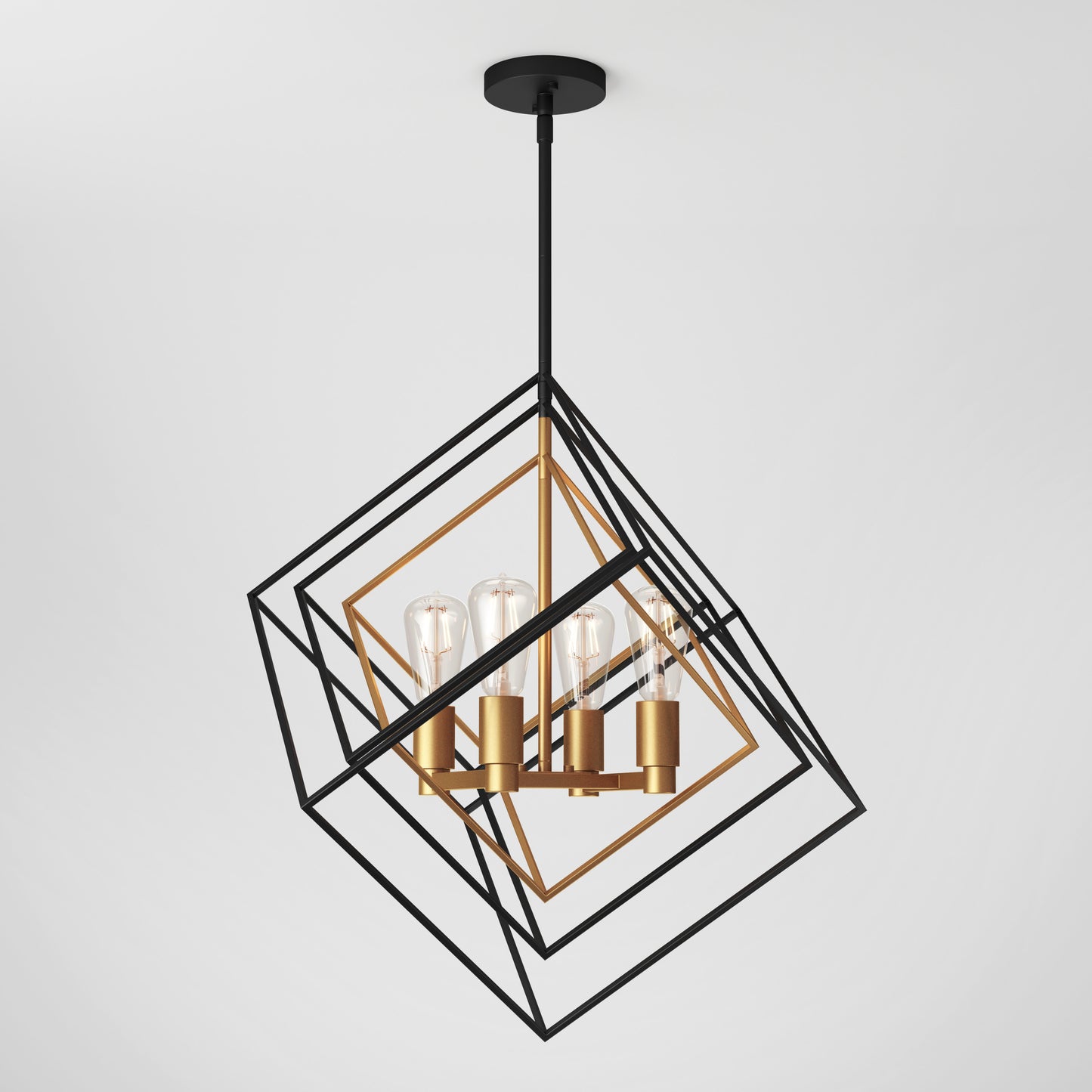 The Artika Harmonium modern mid-century pendant light features overlapping black and gold geometric frames around four exposed bulbs in gold sockets, all suspended from a black ceiling mount against a white background.