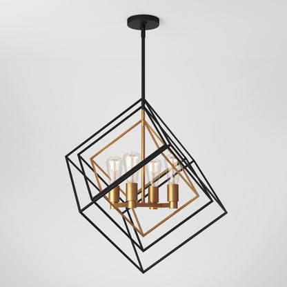 The Artika Harmonium modern mid-century pendant light features overlapping black and gold geometric frames around four exposed bulbs in gold sockets, all suspended from a black ceiling mount against a white background.