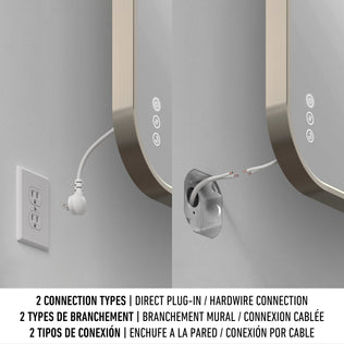Side-by-side images show the Artika Royce Dimmable LED Mirror (3 CCT, horizontal/vertical mount) installed via plug or hardwire. The mirror offers adjustable brightness and an optional defogger for extra convenience.
