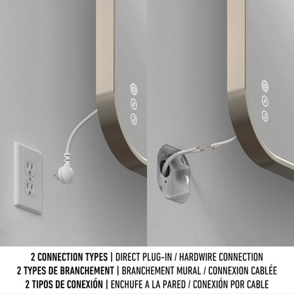 Split image shows two ways to connect the Artika Royce Dimmable LED Mirror, 3 CCT (horizontal/vertical mount): left—plug into wall outlet; right—hardwire exposed wires. Both connection types support features like defogger and adjustable color temperature.