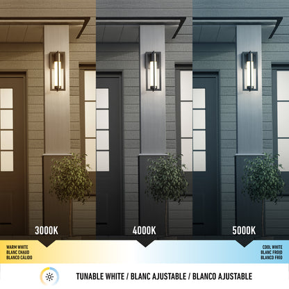 The Artika Walt indoor-outdoor LED wall light is shown illuminating a porch and plants in warm white (3000K), neutral white (4000K), and cool white (5000K), highlighting the tunable lighting effects on an exterior wall.