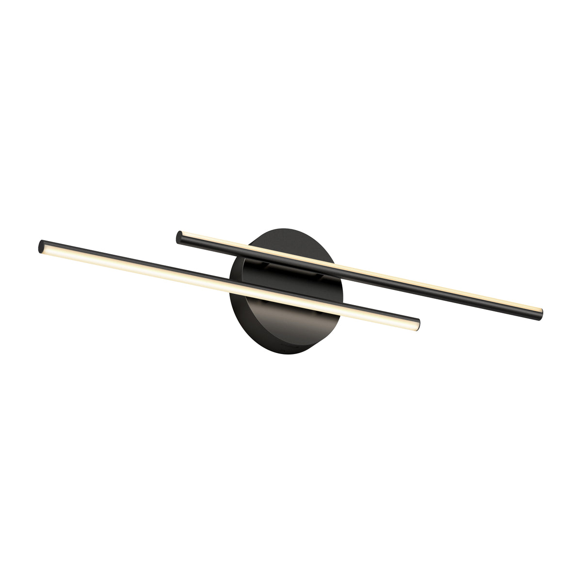 A modern wall-mounted LED light fixture with two parallel, slim, illuminated bars attached to a round black base. The design is minimalist and contemporary.