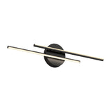 A modern wall-mounted LED light fixture with two parallel, slim, illuminated bars attached to a round black base. The design is minimalist and contemporary.