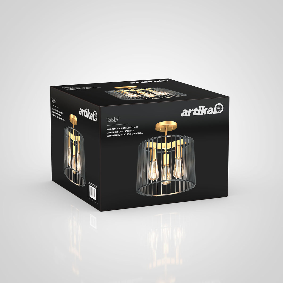 A black box with the artika logo displays a modern gold and black three-light ceiling fixture, named Gatsby, with an image of the fixture and product details on the packaging.