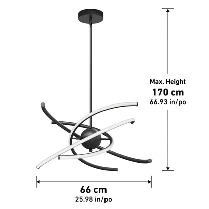 The Artika Silvio LED pendant light 3 CCT is a modern black and white ceiling fixture with curved arms, measuring 66 cm wide and up to 170 cm high, shown with labeled dimensions and arrows.