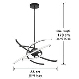 Modern black LED chandelier with curved arms, suspended from the ceiling. The chandelier measures 66 cm (25.98 inches) wide and has a maximum height of 170 cm (66.93 inches). Dimensions are shown with arrows.