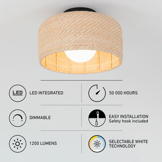 The Emiko Modern LED Flush Mount Light 5 CCT by Artika features integrated LEDs, selectable white technology, dimmable function, 1200 lumens brightness, a 50,000-hour lifespan, and easy installation with a safety hook.