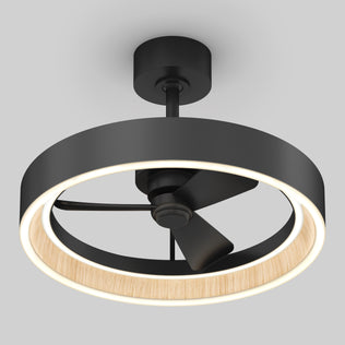 The Artika Alton 24 in. LED modern ceiling fan features three blades, a wood-textured inner rim, and a round LED ring, all mounted on a gray ceiling. Includes 3 speeds and remote control.