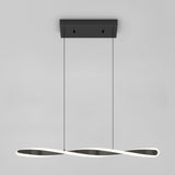 A modern ceiling pendant light with a twisted, continuous, ribbon-like LED design hangs from a rectangular black mount by two thin wires against a plain, light gray background.