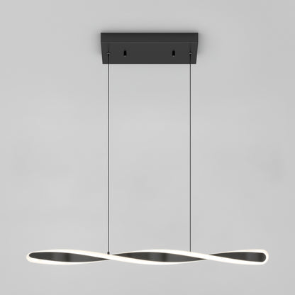 The Artika Finley Linear LED pendant light 3 CCT features a twisted, ribbon-like design suspended by two cables from a black rectangular base, presented against a plain gray background.