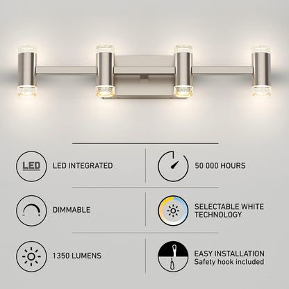 The Artika Mist modern LED bathroom vanity light features 4 cylindrical lights, 1350 lumens brightness, selectable white (5 CCT), 50,000-hour lifespan, integrated LEDs, dimmable settings, and easy wall-mounted installation.