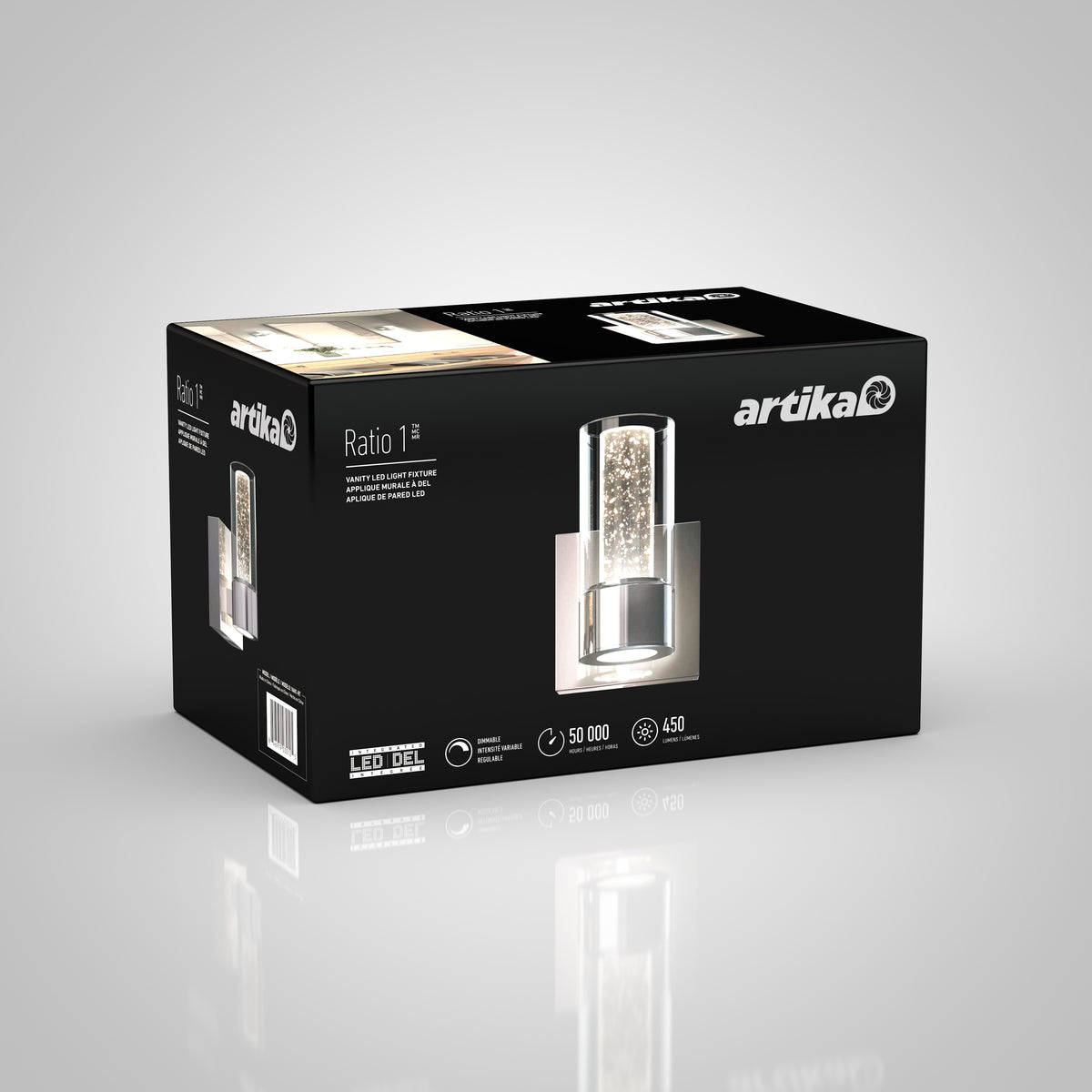 A black Artika product box featuring the Ratio 1 LED wall sconce. The box shows images and specs of the modern light fixture, including 50,000-hour lifespan and 450 lumens.