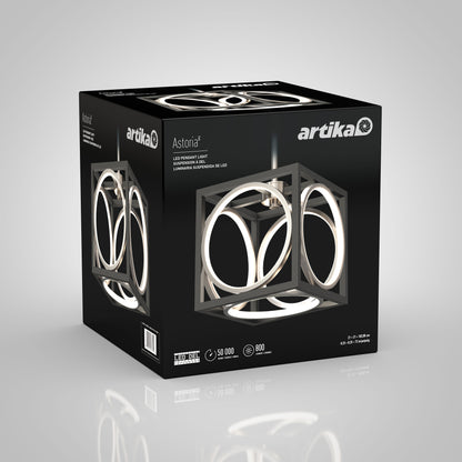 A black box displays the Artika Astoria LED modern pendant light with a geometric ring-in-cube design, highlighting its 50,000-hour lifespan and 880 lumens.