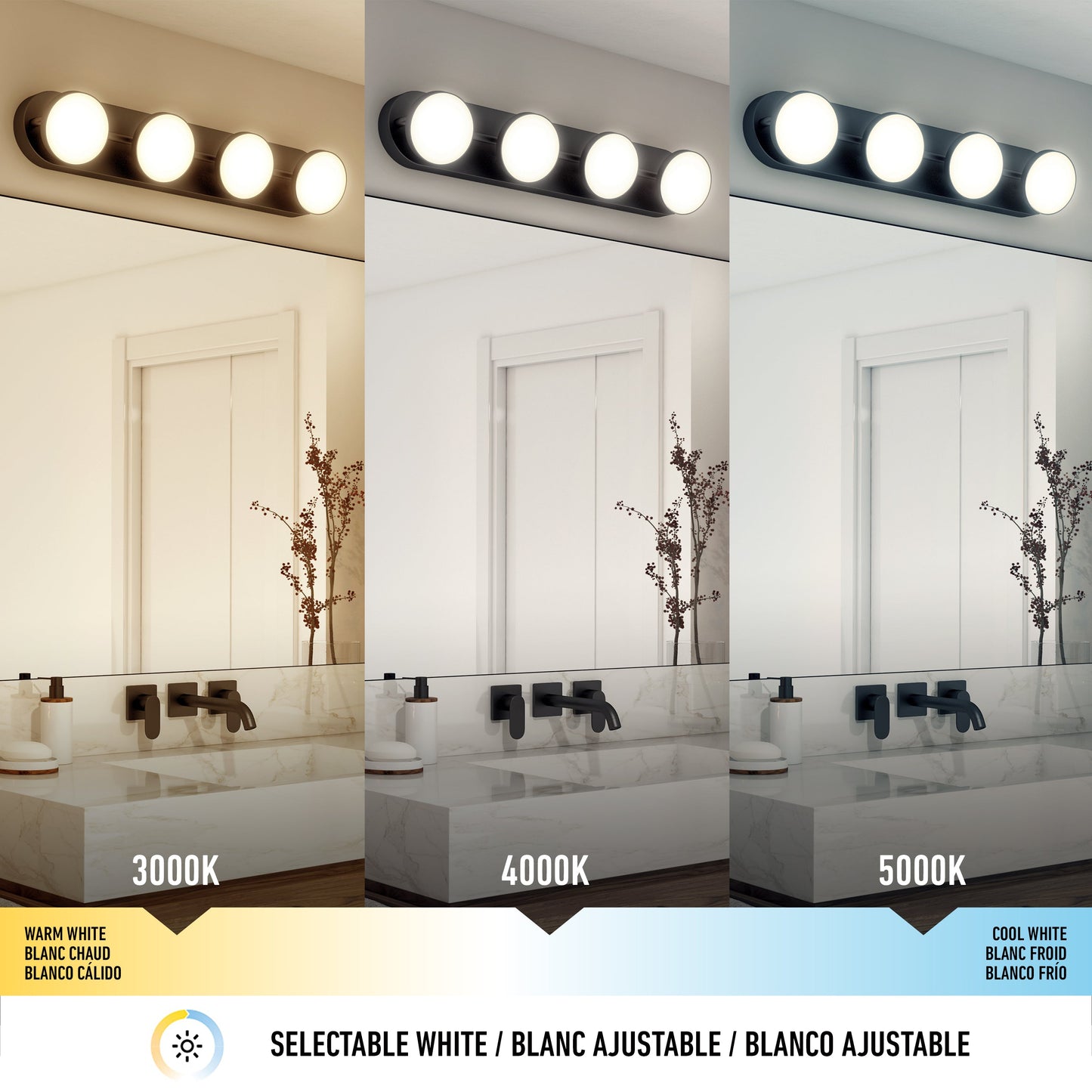Side-by-side comparison of the Santori LED bathroom vanity light by Artika-CAN-dev, featuring adjustable matte black spotlights and three different light temperatures, highlighting changes in brightness and tone.