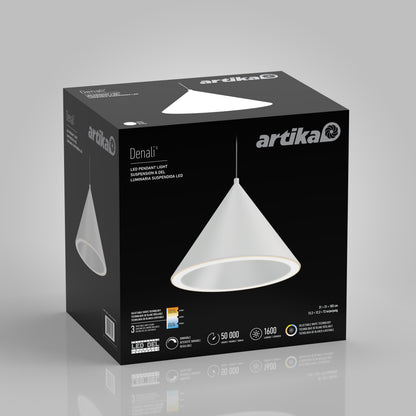 Artika Denali modern LED pendant light, black box, features integrated LEDs and 3 CCT settings.