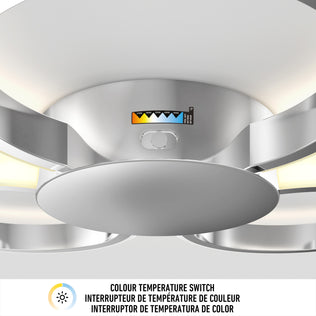 Close-up of the Artika Nyala 15 in. LED flush mount light 5CCT with adjustable color temperature from warm to cool. Text below shows "Colour Temperature Switch" in English, French, and Spanish.