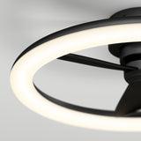 Close-up of a modern ceiling fan with black blades and a circular LED light ring, mounted on a white ceiling. The image highlights the sleek, contemporary design and soft illumination.