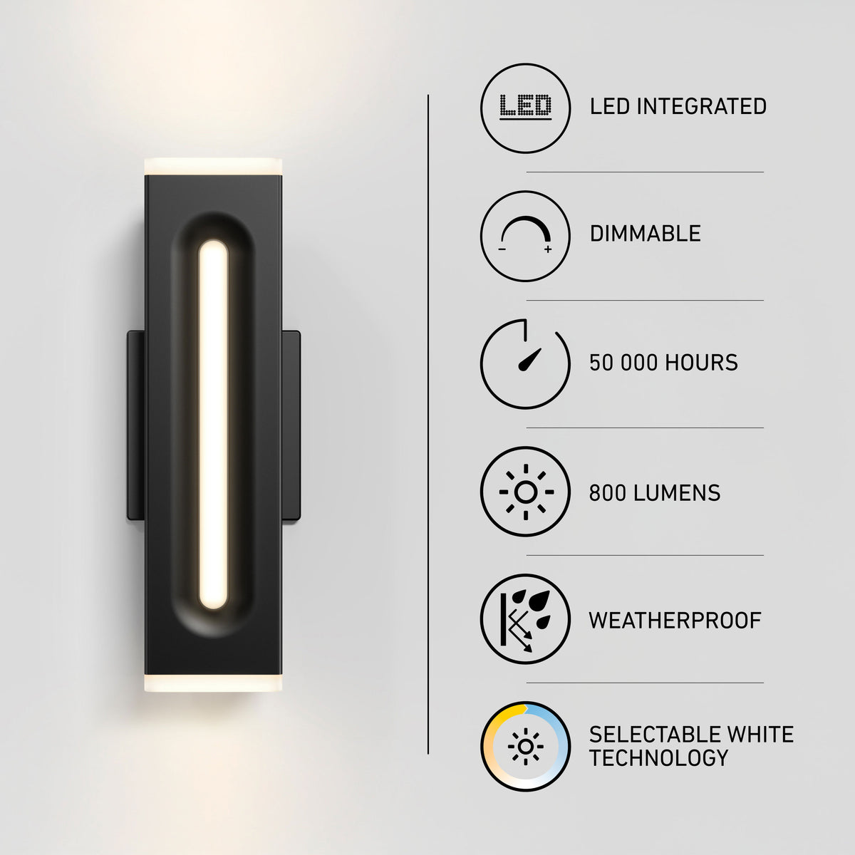 Artika Linea Square LED wall light, indoor/outdoor, 3 CCT, dimmable, 50K hrs, weatherproof, 800 lm—features shown with icons.