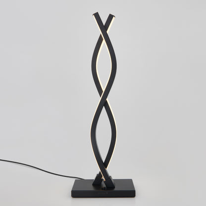 The Artika Wave LED Table Lamp features two black intertwined twisting LED strips on a square black base, set against a plain light background.