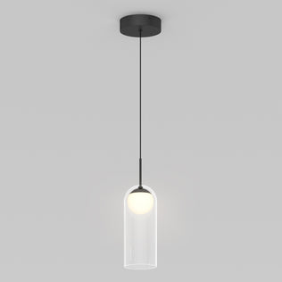 The Artika Mirah LED modern mid-century pendant light 3 CCT features a black ceiling mount, thin black cord, and cylindrical clear glass shade with a white bulb, all set against a plain light gray background.