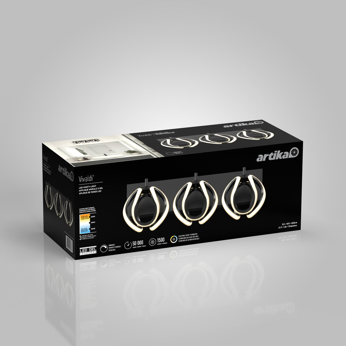 A black Artika Vivaldi light fixture box featuring an image of a three-light fixture with circular, modern LED lights on the front, alongside product details and specifications.