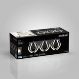 A black Artika Vivaldi light fixture box featuring an image of a three-light fixture with circular, modern LED lights on the front, alongside product details and specifications.