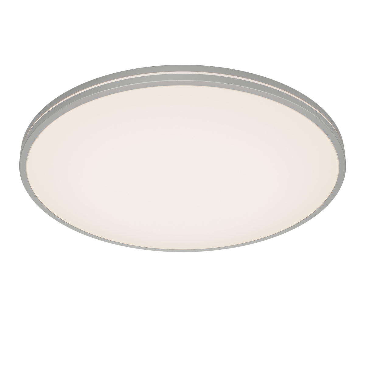 A round, modern ceiling light fixture with a white frosted diffuser and a sleek silver or gray frame, viewed from below against a plain white background.