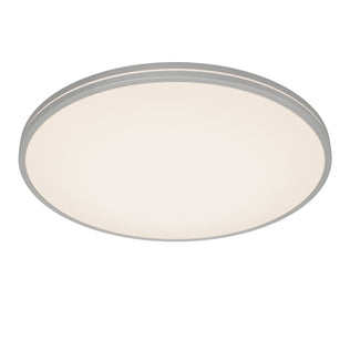 The Artika Athos 21 in. LED flush mount light features a modern round design with a white diffused cover, thin gray rim, and comes with a remote—shown against a white background.