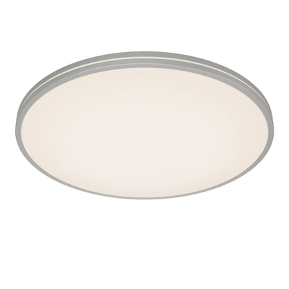 The Artika Athos 21 in. LED flush mount light features a modern round design with a white diffused cover, thin gray rim, and comes with a remote—shown against a white background.