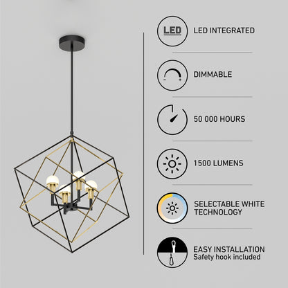 The Artika Peyton LED modern mid-century pendant light features gold accents, integrated dimmable LEDs (1,500 lumens), selectable white, 50,000-hour lifespan, and easy installation—shown with icons highlighting these features.