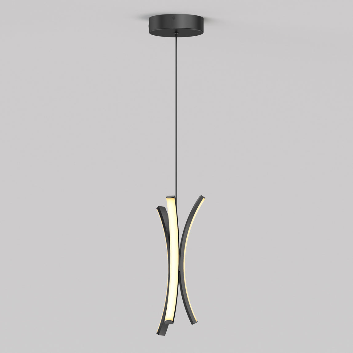 The Artika Corben Pendant LED Light 5CCT Black features two curved black metal arms with integrated LED strips, suspended from a round ceiling mount by a single black cord, shown against a plain light gray background.