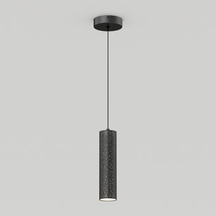 The Artika Cosmic modern LED pendant light 3 CCT is a sleek black cylindrical fixture suspended by a thin cord, featuring a perforated design that lets light filter through small holes.