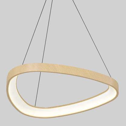 The Artika Bjorn modern LED pendant light 5 CCT features an asymmetrical oval wooden frame with integrated LEDs, suspended by three thin black wires, shown against a plain gray background.