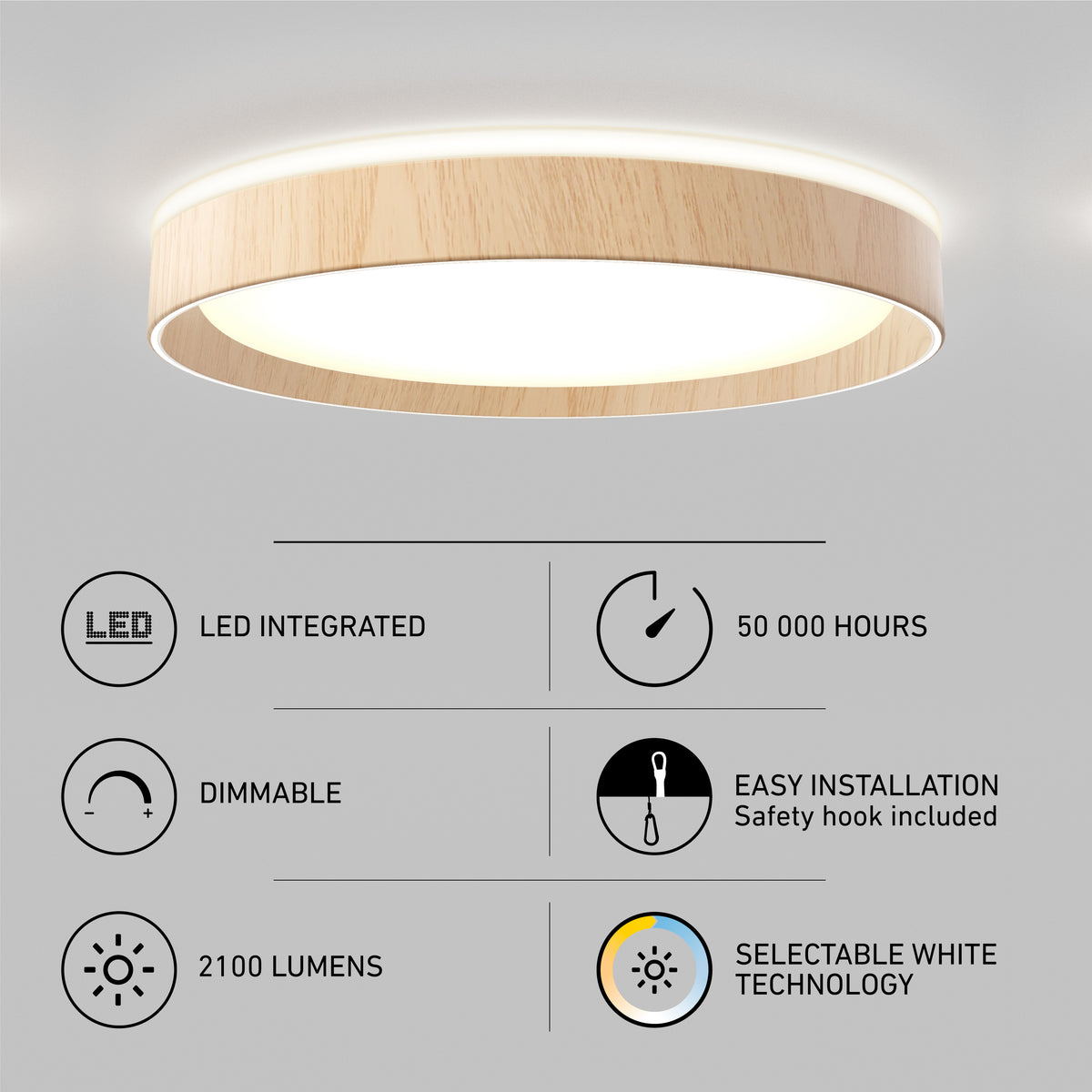 Round, wood-trimmed ceiling light with glowing LED panel, shown above features icons: LED integrated, 50,000 hours, dimmable, easy installation, 2100 lumens, and selectable white technology.