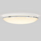 A modern round ceiling light fixture with a frosted glass dome, a metallic trim, and a soft, even glow, mounted on a plain gray ceiling.