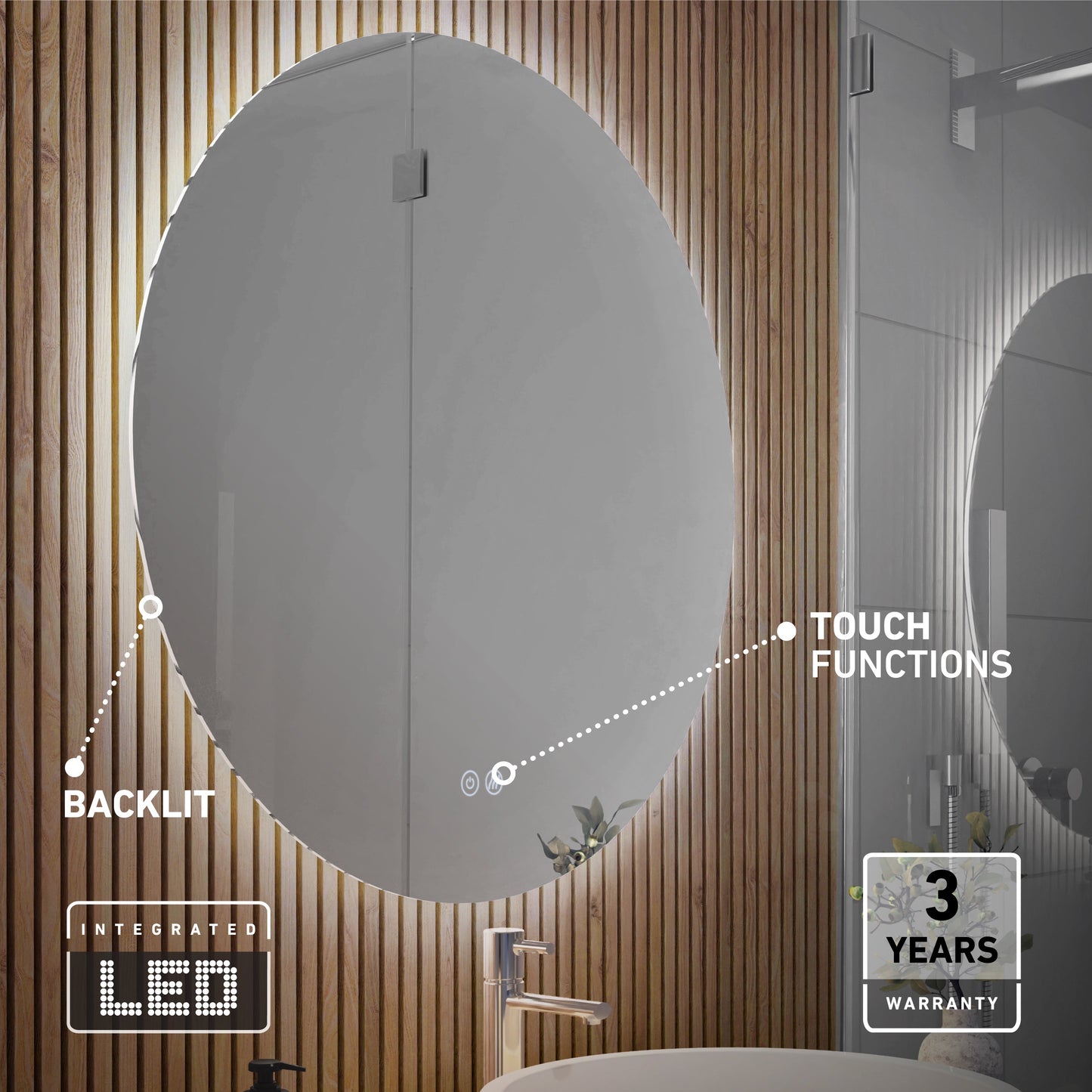 The Artika-CAN-dev Raya 24 in. LED mirror with 3 CCT options and defogger is mounted on a wood-paneled bathroom wall above a modern sink, featuring integrated touch controls and a 3-year warranty badge. Room reflections are visible in the glass.