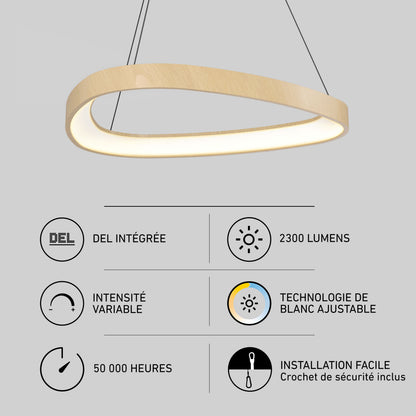 Artika’s Bjorn modern LED pendant light 5 CCT, dimmable, 2300 lumens, wood finish, adjustable color, easy kitchen installation.