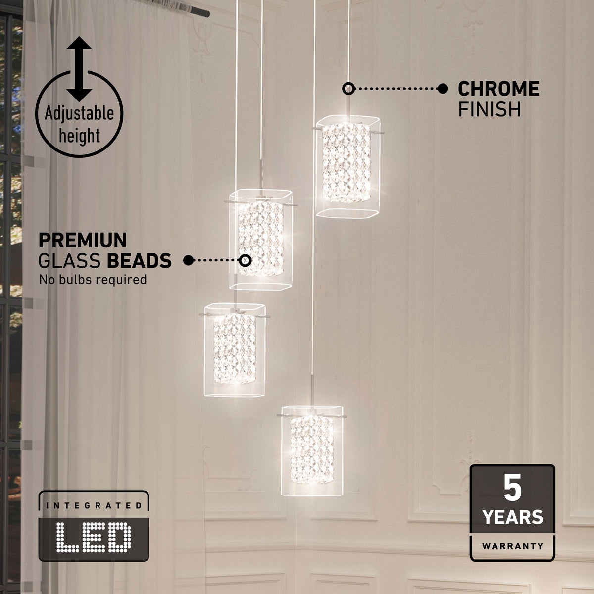 Four modern pendant lights with chrome finish and crystal-like glass beads hang at varying heights in a bright room with white walls and curtains. Icons highlight adjustable height, integrated LED, and a 5-year warranty.