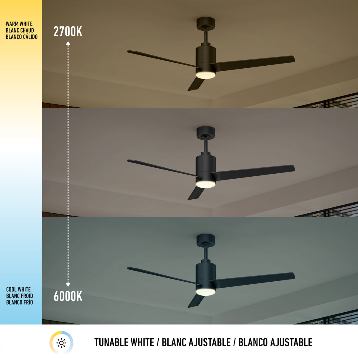 Three images of the same ceiling fan with light, showing different color temperatures: warm white (2700K) at the top, neutral white in the middle, and cool white (6000K) at the bottom. Text and icons label each setting.