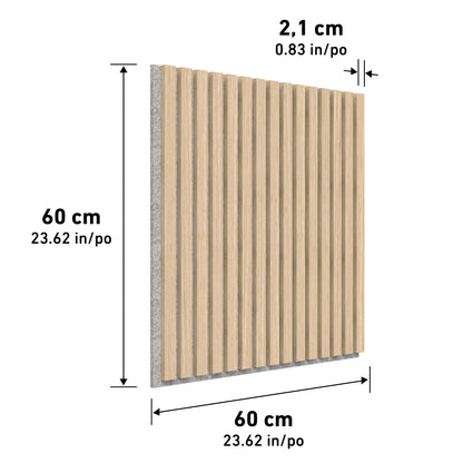 The Artika-CAN-dev Sonolok 15.5 ft sound-absorbing wall panel kit includes a square wooden panel with vertical slats, sized 60 x 60 cm (23.62 x 23.62 in) and a thickness of 2.1 cm (0.83 in), shown with dimension lines and labels.
