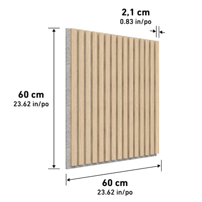 The Artika Sonolok 15.5 ft sound-absorbing wall panel kit features vertical wooden slats on a backing, each panel measuring 60 cm x 60 cm (23.62 in x 23.62 in) with a thickness of 2.1 cm (0.83 in).