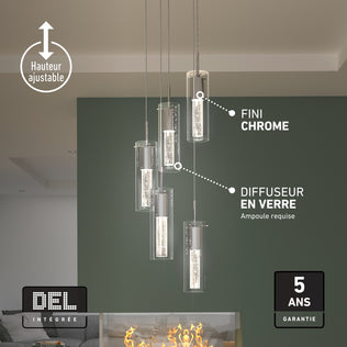Artika Bubble Swirl 5-light LED pendant light with a chrome finish, glass diffusers, adjustable height, and a 5-year warranty.