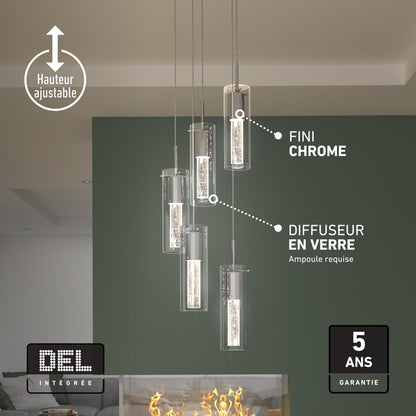 Artika Bubble Swirl 5-light LED pendant light with a chrome finish, glass diffusers, adjustable height, and a 5-year warranty.
